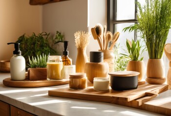 bright clean display eco friendly products featuring variety sustainable items beautiful composition, artisanal, biodegradable, bamboo, beauty