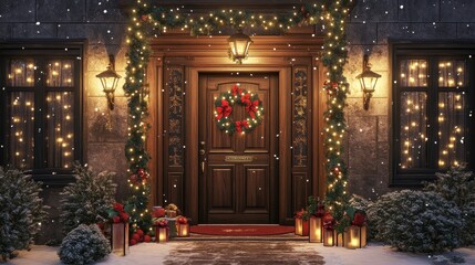 Festive holiday decorations adorn a cozy house entrance with a wreath, lights, and wrapped gifts in winter snow