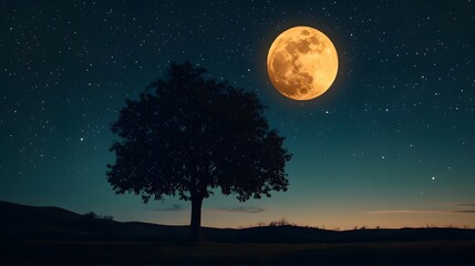 Silhouette of a lone tree under the full moon with stars filling the night sky