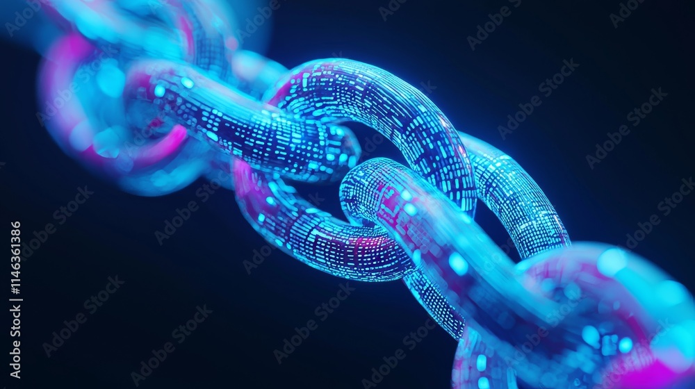 Poster representing a blockchain concept, an isometric illustration shows digital blocks in a crypto chain,
