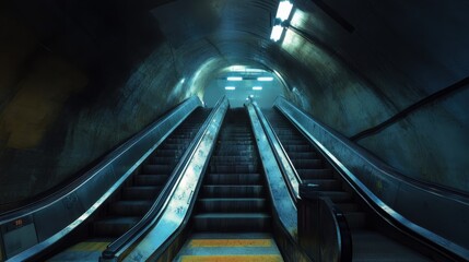 Sleek escalators lead to a modern architectural marvel with stunning lighting effects in an urban transit station