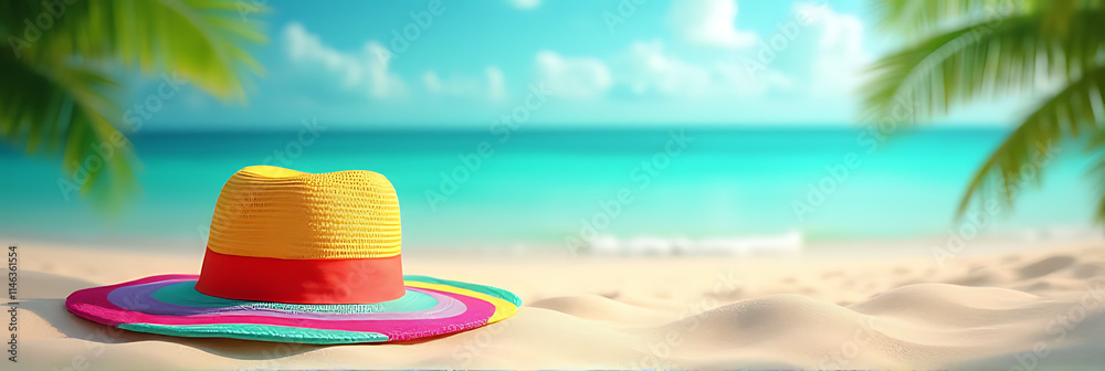Poster tropical summer holiday concepts feature a colorful hat on a decorated beach in an abstract style wi