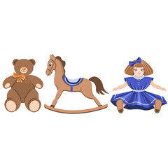 Children's toys bear,rocking horse,doll isolated on a white background.Vector illustration of toys for children.
