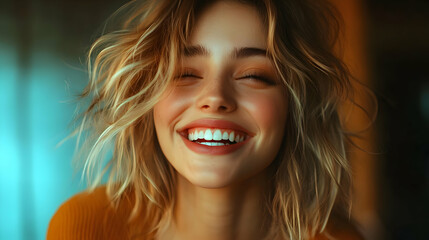 Fototapeta premium Joyful Woman Illustration: Blonde Hair, Bright Smile