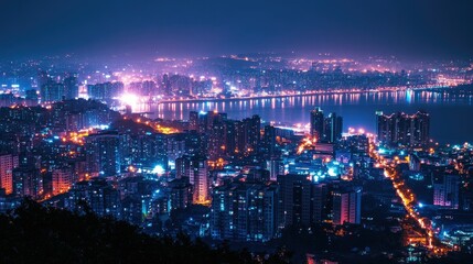 Fototapeta premium Stunning Aerial View of Vibrant Cityscape at Night with Glimmering Lights Reflecting on Water Surface and Urban Skyline Under Clear Sky