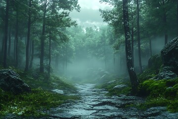 Mystical Foggy Forest Path