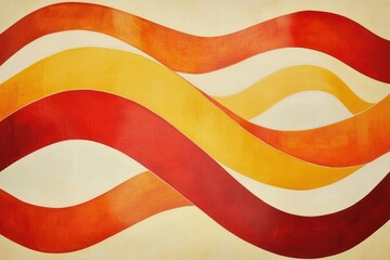 Abstract painting with three wavy, interweaving bands of red and yellow hues on a cream background.