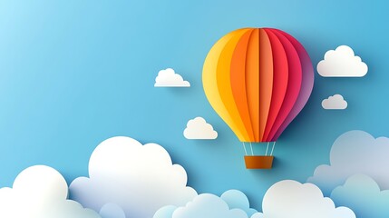 A Papercraft Hot Air Balloon Soaring Through a Blue Sky with White Clouds