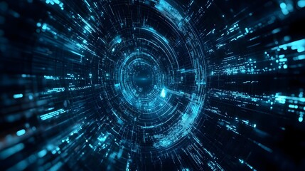 Fototapeta premium Abstract digital tunnel with glowing particles representing technology and data flow.