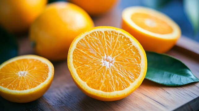 Freshly cut orange showing its juicy texture on wooden board - Powered by Adobe