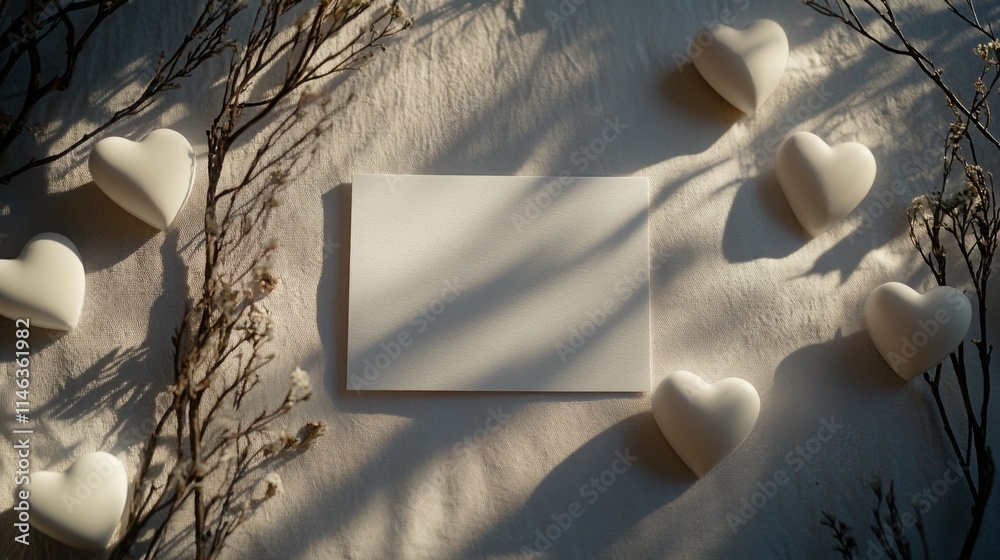 Aufkleber soft light filters through, casting shadows on a blank card placed centrally. white heart shapes and