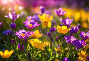 Fototapeta premium vibrant spring flowers glimmering dewy morning light showcasing colorful blooming landscape full life freshness, blossom, petal, garden, nature, flora, beauty