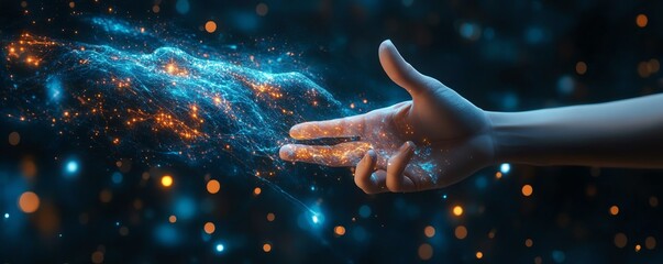 futuristic hands interacting with a digital interface, representing advanced technology, data flow, innovation, glowing holograms, dynamic design