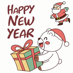Christmas themed cute teddy bear vector illustration.Christmas Greeting Card with Santa Claus. Happy new year lettering. T-shirt Graphics. New Year Cards. Cute teddy bear graphic design with gift box.