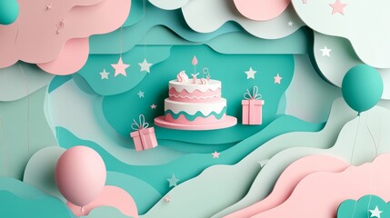 Modern birthday celebration frame, jade green and blush pink composition, minimalist paper cut style, party accessories collage, floating presents, stylized cake illustration, pastel balloon accents,