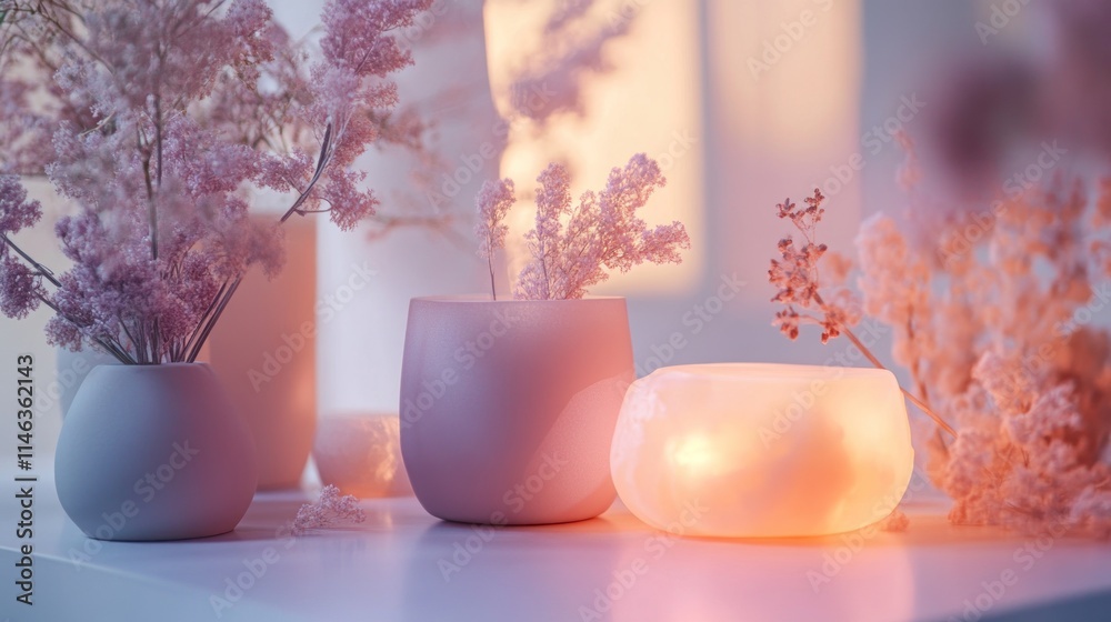 Aufkleber a serene arrangement of vases with dried flowers and a glowing candle, creating a calming ambiance.