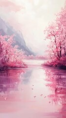 Pink blossoms reflected in a tranquil lake.