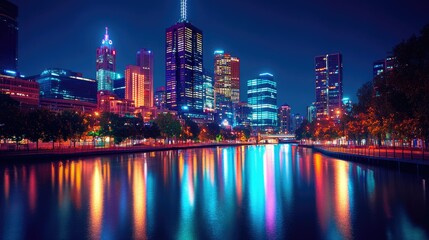 Obraz premium Captivating Nightscape of Melbourne's Skyline Illuminated by Colorful Reflections on the Yarra River Amidst a Vibrant City Atmosphere and Modern Architecture
