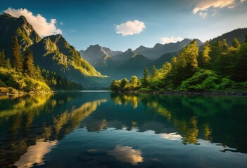 Obraz premium serene visions mystical mountains mirroring over tranquil lake surrounded lush greenery clear skies, peak, foothill, highland, landscape, scenery
