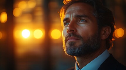 Man gazes upward at sunset city lights