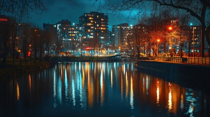 Fototapeta premium Nighttime Cityscape with Illuminated Buildings and Reflective Water Surface, Showcasing Urban Life and Modern Architecture in a Serene Setting