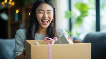 A smiling woman holding a gift box with a ribbon, celebrating Christmas and spreading joy during the holiday season