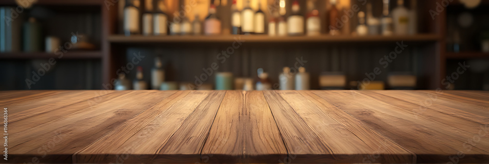 Poster the wooden tabletop features a textured surface while the blurred bar background creates a subtle co