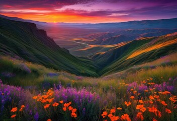 Obraz premium vibrant colors dusk illuminating scenic landscapes rich textures gentle light transitions, twilight, nature, horizon, evening, sky, gradient, silhouettes