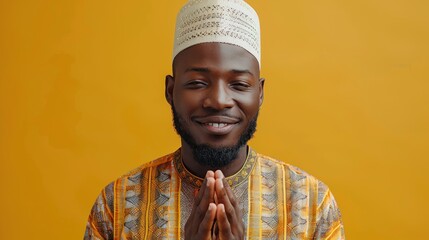 Smiling man in traditional African clothing with hands pressed together.