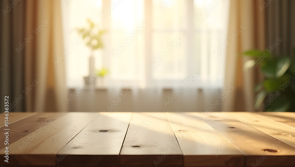 Poster the wooden table top was empty in front of a blurred curtain, its sunlight casting an unclear glow i