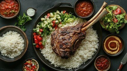 A traditional lamb and rice dish (Mathlootha), arranged with sauces and side salads