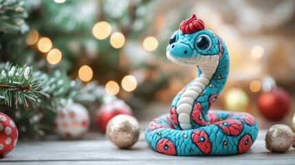Colorful decorative snake figurine amidst festive decorations and warm holiday lights