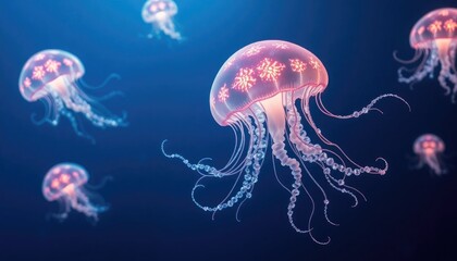 Obraz premium 4K HD Wallpapers Glowing Jellyfish With Fractal-Like Tentacles, Floating Through A Deep Cosmic Sea. Desktop Wallpaper HD. HD Backgrounds