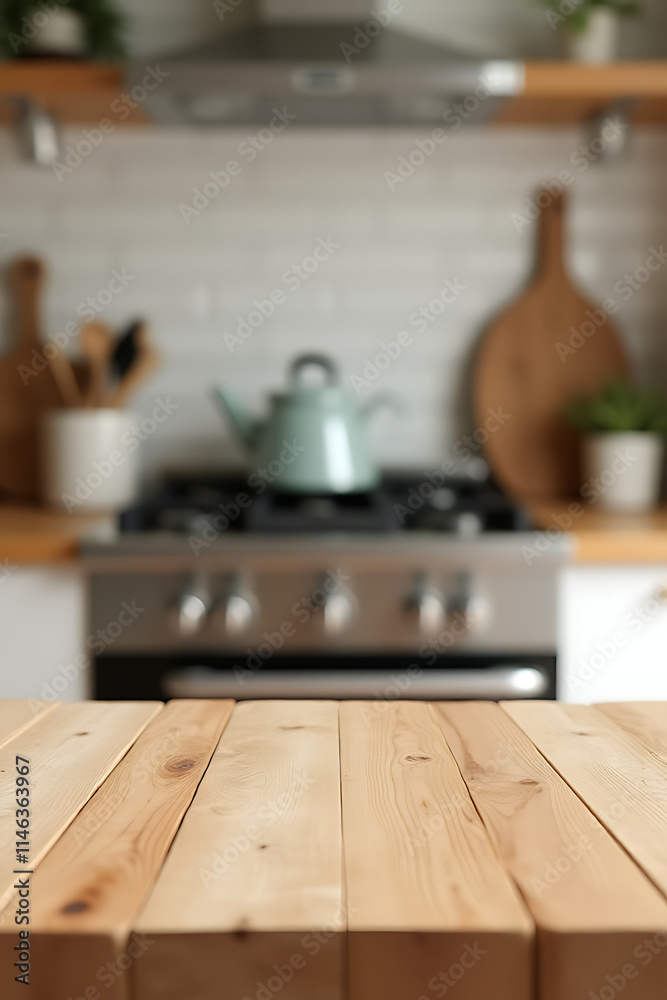 Poster the wood table top provides a blurred kitchen background for product display or key visual layouts i