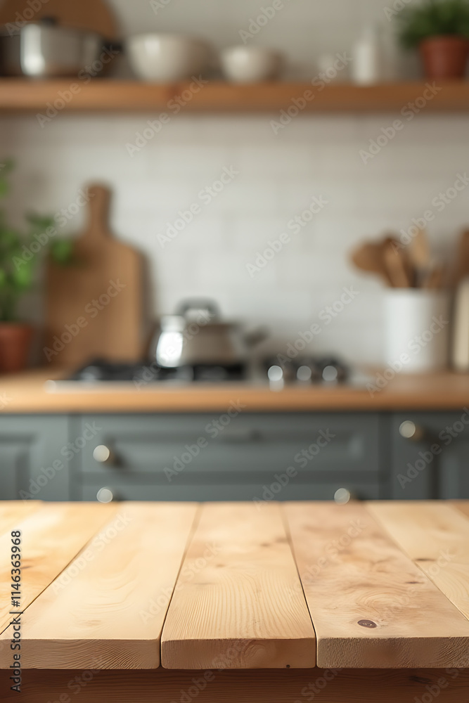 Poster the wood table top provides a blurred kitchen background for product display or key visual layouts i