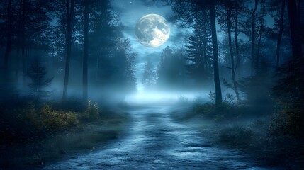 Obraz premium Dark forest path illuminated by the moon with fog creating an ethereal midnight scene