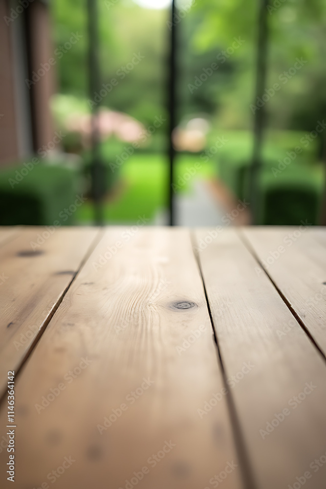 Poster The top of a wooden table blends into the blurry view behind it, with a garden visible in the background._00003_