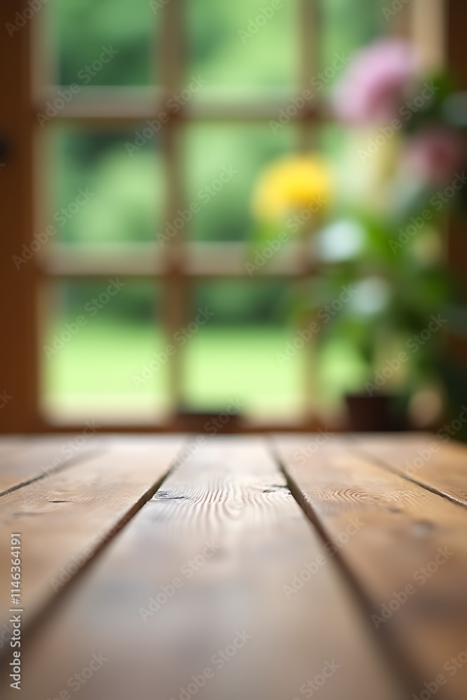 Aufkleber The top of a wooden table blends into the blurry view behind it, with a garden visible in the background._00002_