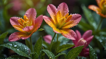 Flowers in pink and orange with water droplets