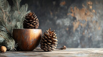 Golden and brown pine cones resting on rustic wooden surface with pine branches