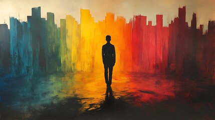 Fototapeta premium Solitary Figure Amidst A Colorful Cityscape