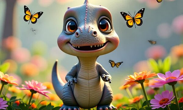  funny dynosaur and butterfly on a water flower