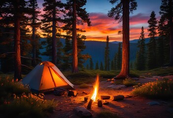 nature inspired campsite setup featuring cozy essential rustic natural inviting outdoor ambiance, campfire, firewood, tent, hiking, gear, essentials