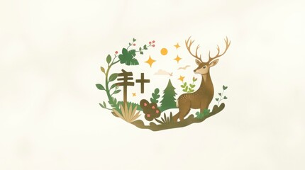 Fototapeta premium A unique logo combining nature elements and a stylized deer illustration, Isekai anime style, soft dreamy atmosphere, expressive composition, hazy, soft light