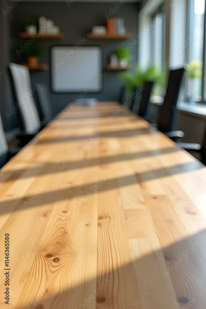 Aufkleber The empty wooden tabletop provides a blank canvas for creating product displays or designing various visual layouts in an office setting._00003_