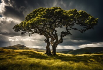 Fototapeta premium dynamic nature shots highlighting powerful wind patterns flowing trees scenic landscapes capturing wild weather elements, air, atmospheric, backdrop, blue