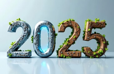 A futuristic design featuring the text '2025,' each number constructed from specific materials and objects