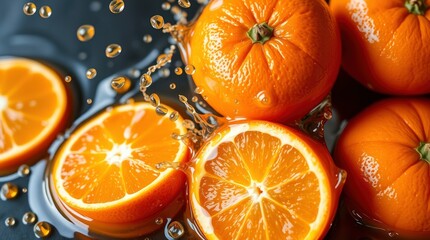 Adorable and charming, a set of fresh, delicious oranges splashing, with iridescent reflections and colors