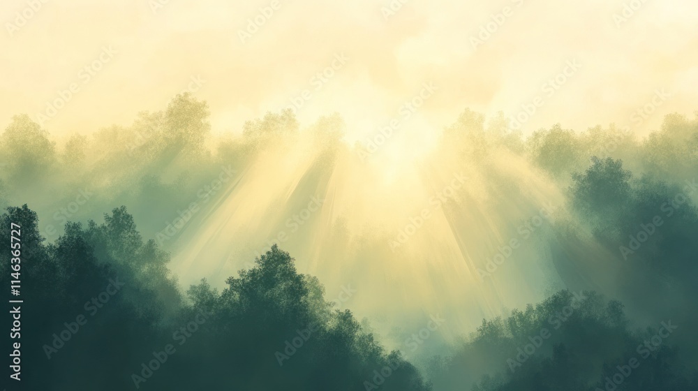 Poster A serene forest scene with soft light rays filtering through trees.