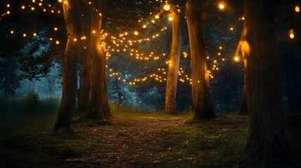 Magical fairy lights strung along trees in a forest glowing under the moonlight